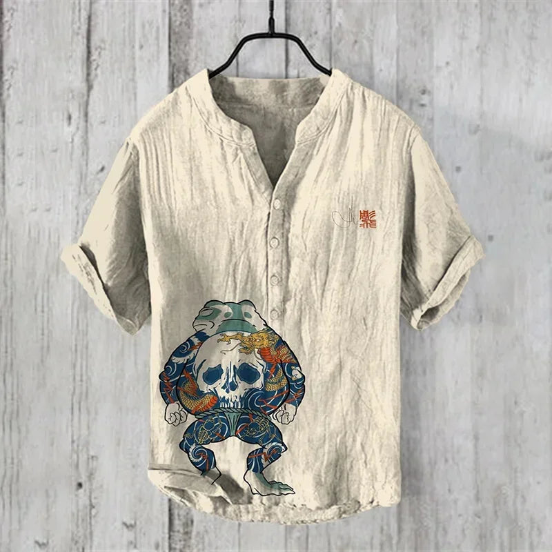 Hot sale Henry shirt 2025 summer men's casual short-sleeved T-shirt floral print top linen blend comfortable fabric XS-6XL size