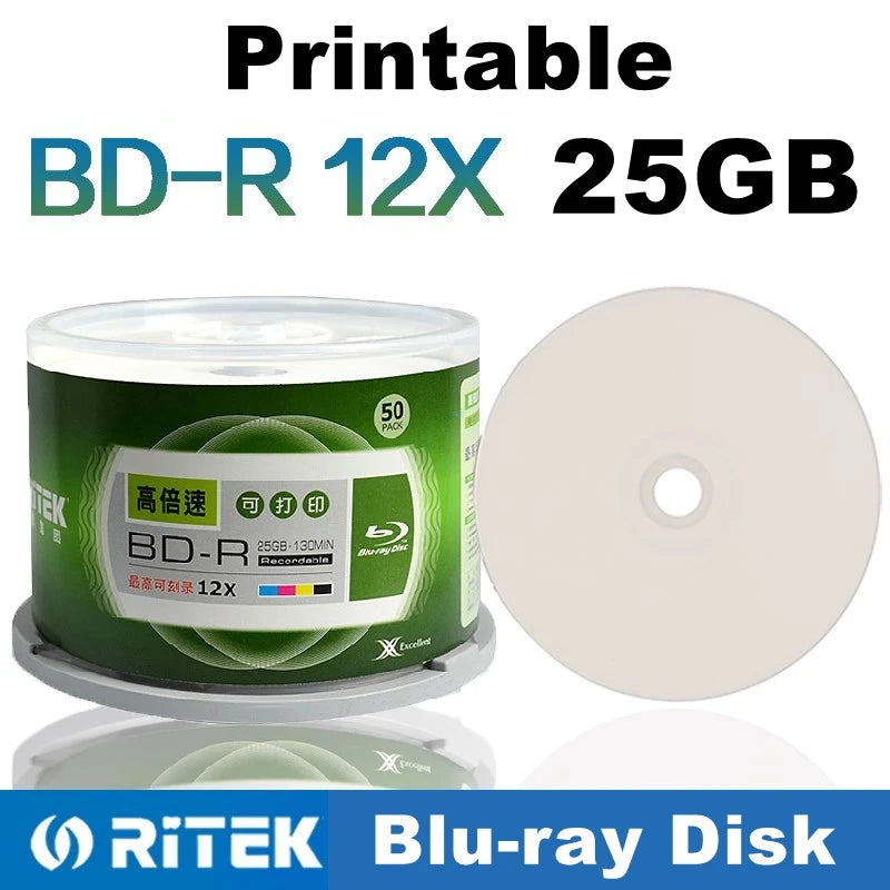 4PCS Ritek BD-R 16x 25GB Printable Blu-ray Blank Disc Recordable 1-12X 130Min Recording Blue Ray Disc