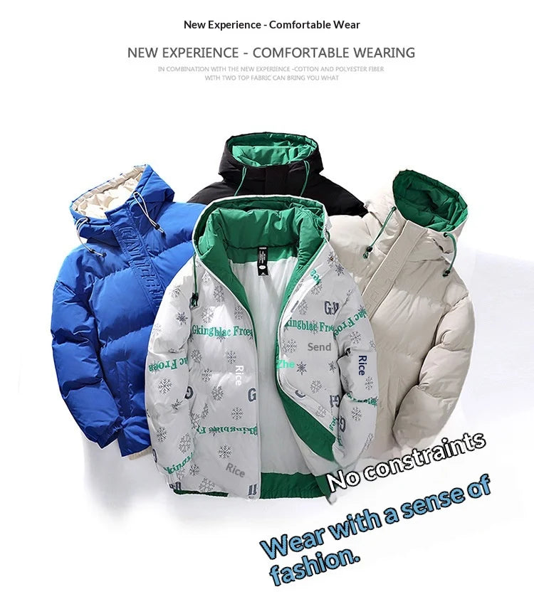 Mens Couple Fashion Cotton Padded Jacket Winter Thick Fleece Lined Hooded Coat Streetwear Parka Outerwear