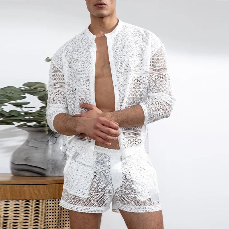 Men's Clothing Fashion Suit Men 2pcs Clothes Set Hollow Out Sexy Lace Short Sleeve Casual T Shirt Top Shorts Summer Solid Color
