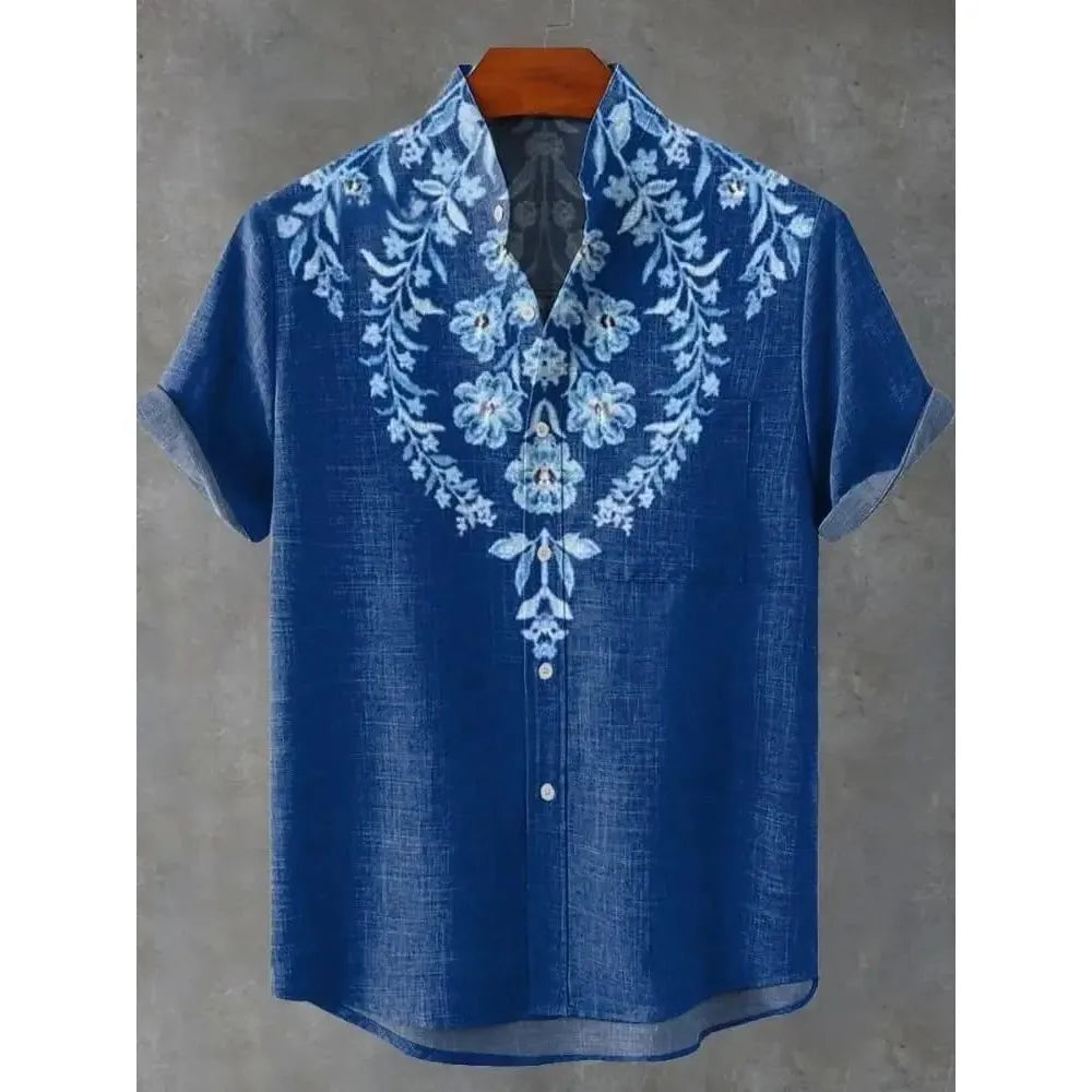 Men's Short Sleeve Printed Shirt Fashion Urban Style Polyester Fabric Loose Fit Casual Wear Turn-down Collar Classic Design