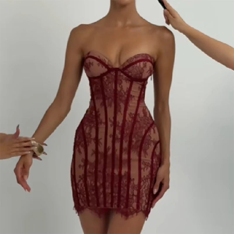 Chic Bold Strapless Gown Sexy Retro Lace Corset Women's Dresses Spicy Girls Parties Trendy Romantic Designers Female Outfits