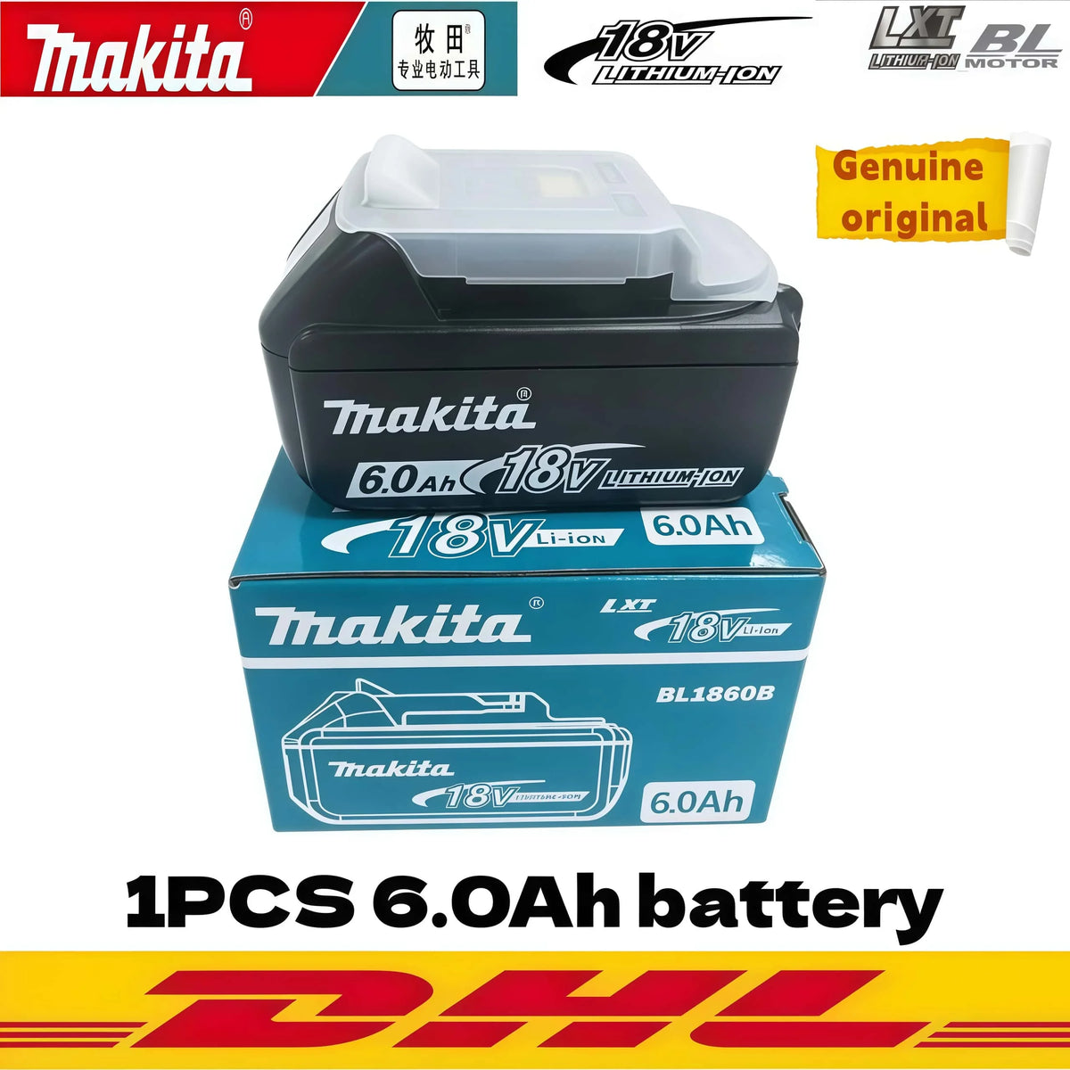 Genuine Makita 6AH BL1860B 18V Battery Power Tool Lithium-Ion Substitute LXT BL1850B BL1840B, Suitable for Use with BMS18V Screw