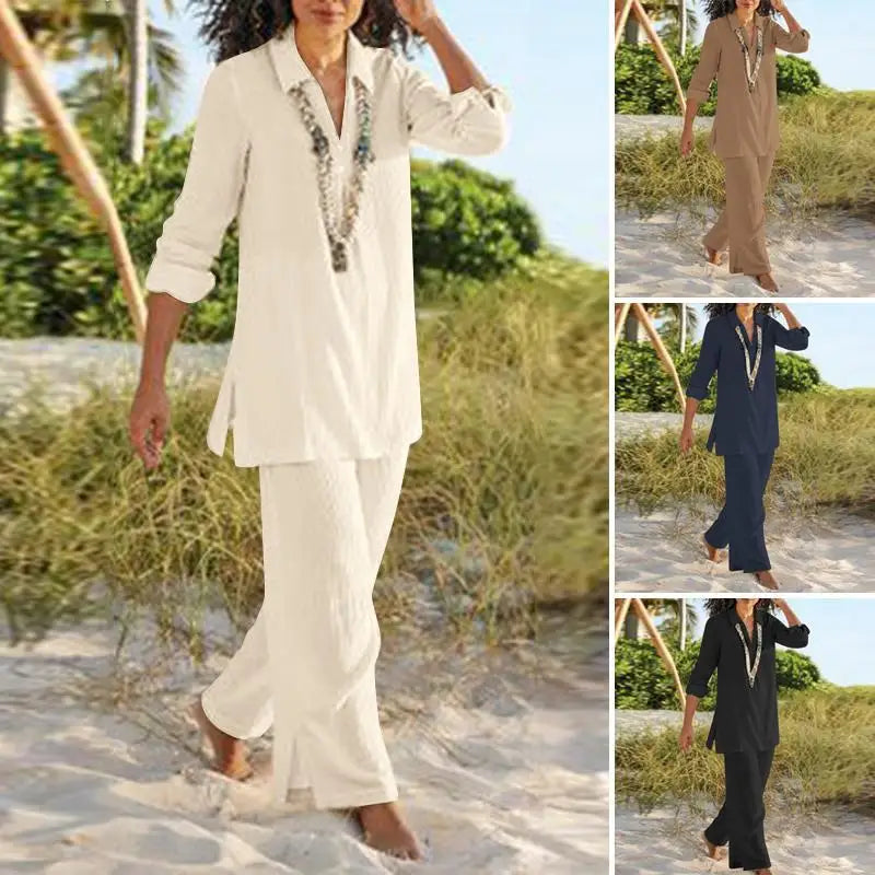 Summer Women's Sexy V-neck National Style Retro Long-sleeved Trousers Suit Casual Loose Cotton Linen Suit Solid Color