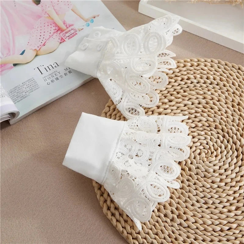 Women Hollow Detachable Sleeve Fake Cuffs Ladies Detachable Shirt Multi Layer Ruffles Solid Color White False Cuffs Wristband