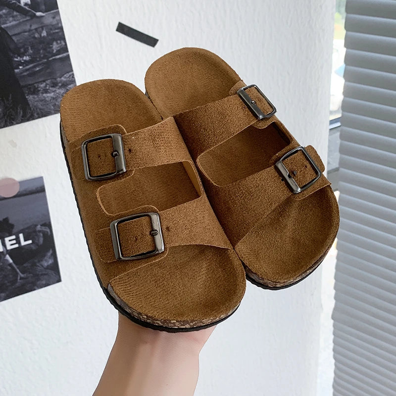 Summer Toddler Kids Boys Girls Suede Cork Slide Sandals Double Buckle Non-Slip Soft Sole for Indoor Outdoor Daily Casual Wear