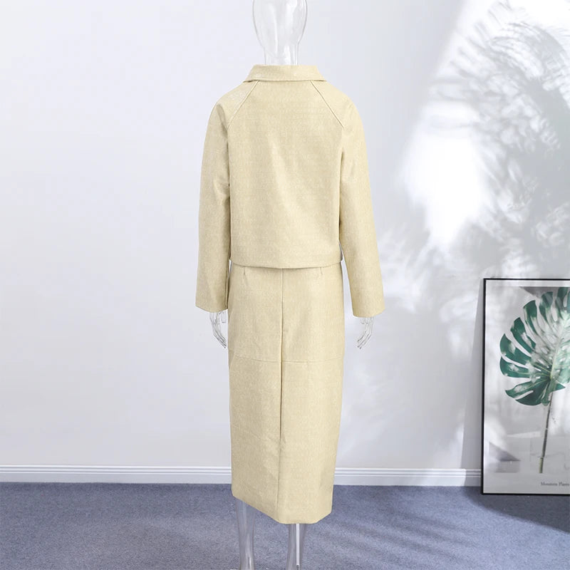 Women's Skirt Sets Crocodile Faux Leather Lapel Long Sleeve Button Oversized Jackets Straight Skirts Autumn Female Loose Outfits