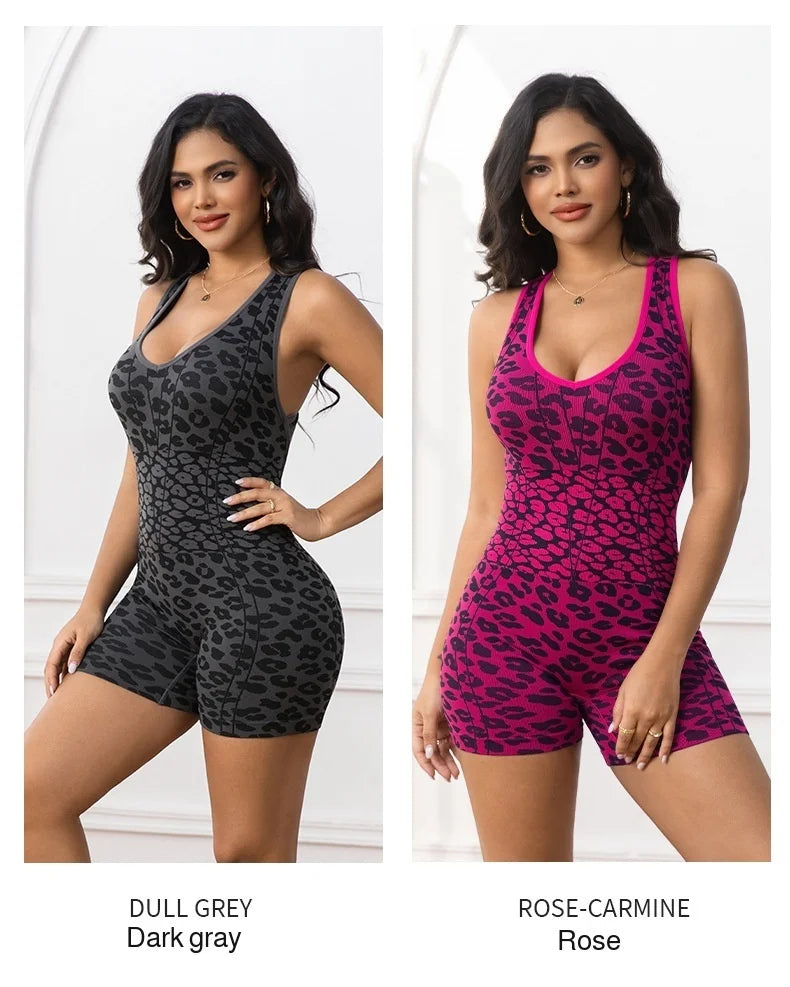 Women Seamless Leopard Print Yoga Jumpsuit Crisscross Back High Stretch Hip Lift Tummy Control Breathable Workout Romper Shorts