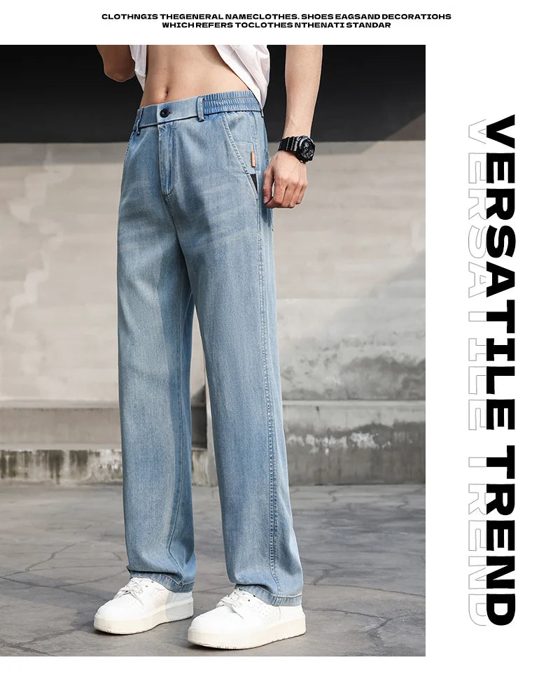 Thin Light Men's Summer Jeans Straight Fit Lyocell Denim Pants Male Elastic Elegant Casual New Style Stretch Relaxed Fit Telaxed