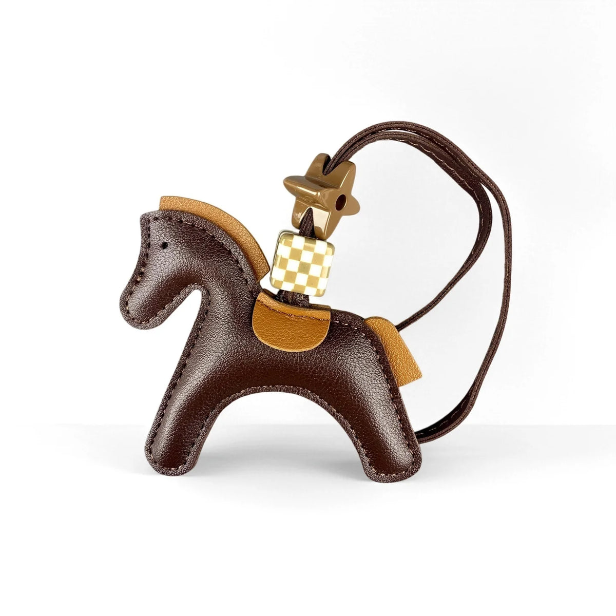 Chic PU Leather Pony Bag Charm, Lucky Clover & Checkered Bead Pendant, Y2K Boho Purse Accessory, Gift for Her
