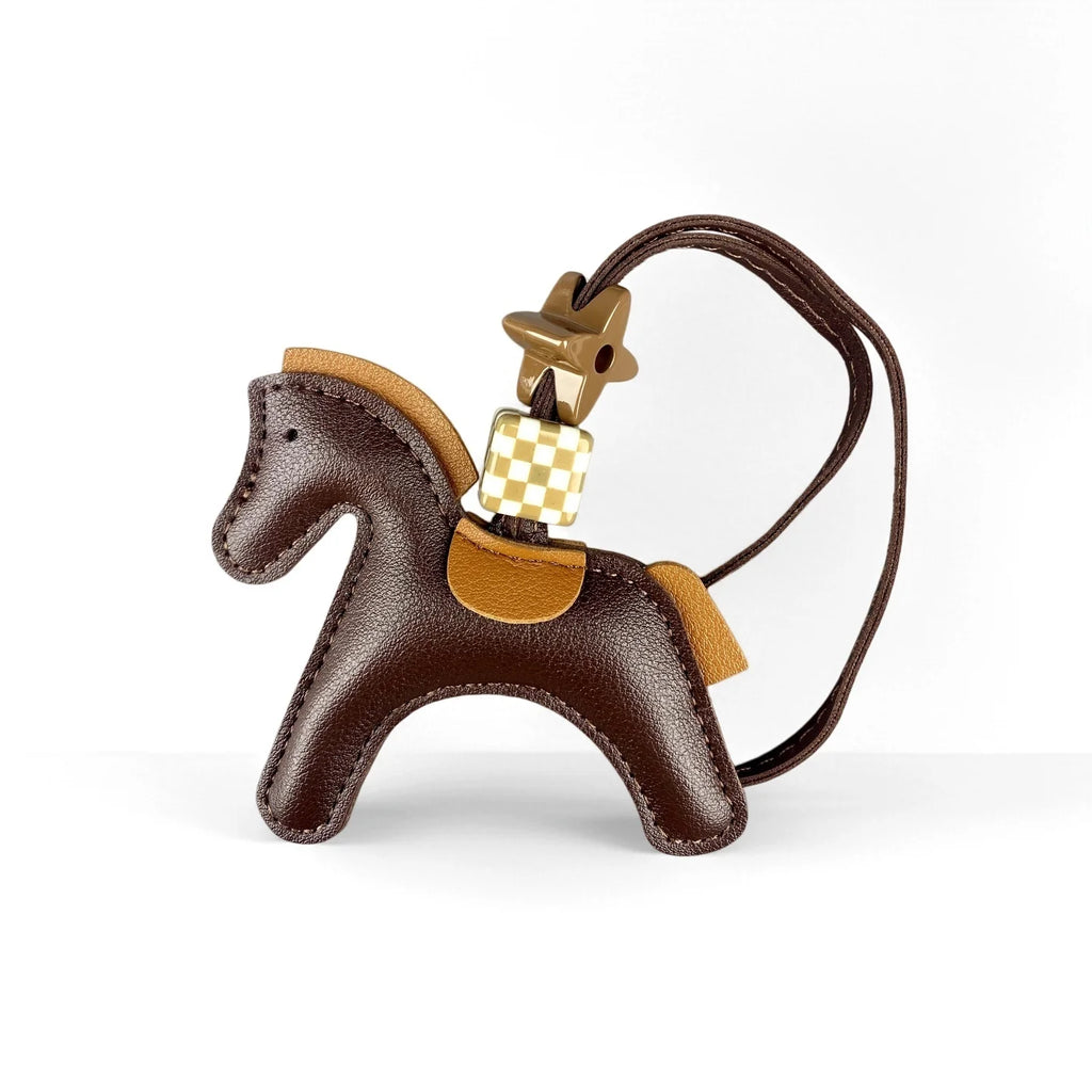 Chic PU Leather Pony Bag Charm, Lucky Clover & Checkered Bead Pendant, Y2K Boho Purse Accessory, Gift for Her