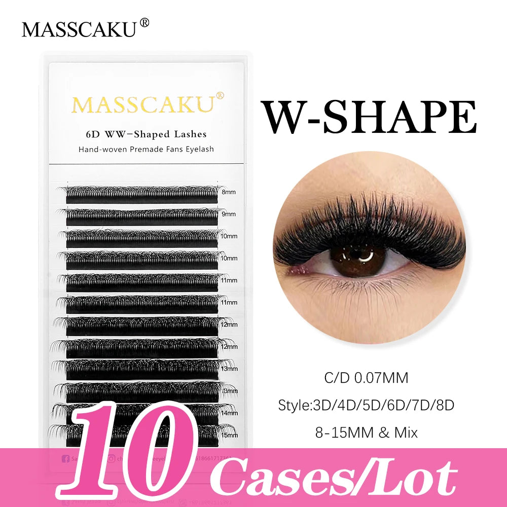 10cases/lot MASSCAKU 3D 4D 5D 6D 7D 8D W Shape Bloom Premade Fans Eyelash Extension Natural Soft Light Full Dense W Shape Lash