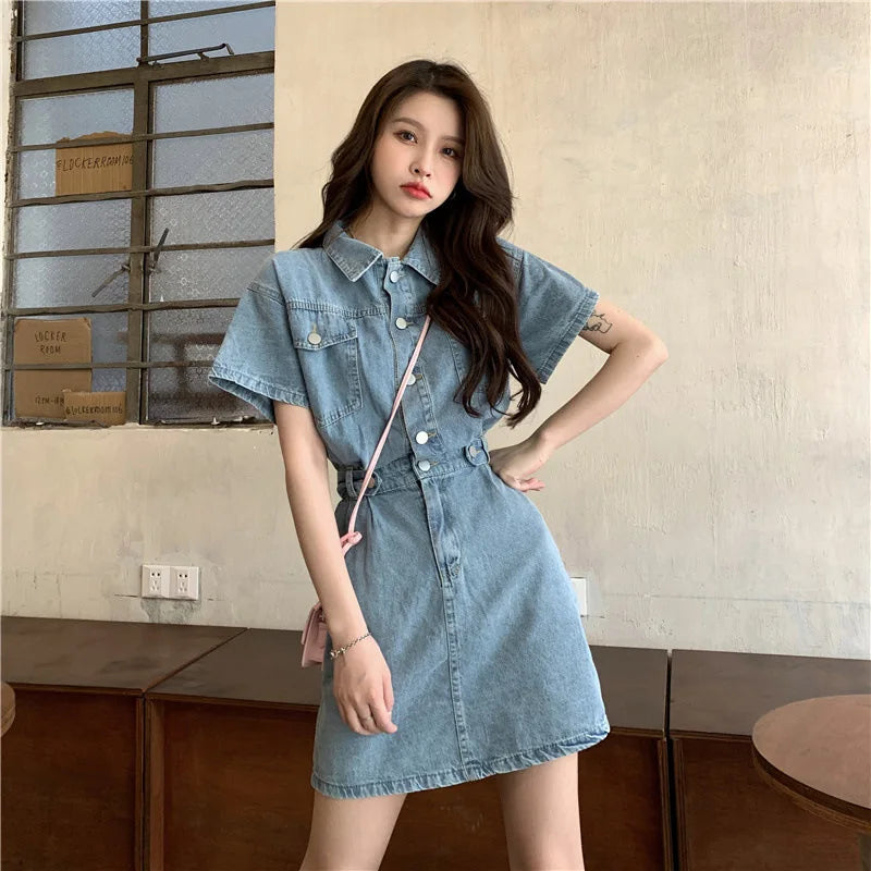 Women Vintage Denim Shirt Dress High Waist A-line Jean Mini Dress for Ladies Retro Y2K Streetwear Dresses for Women Party Outfit