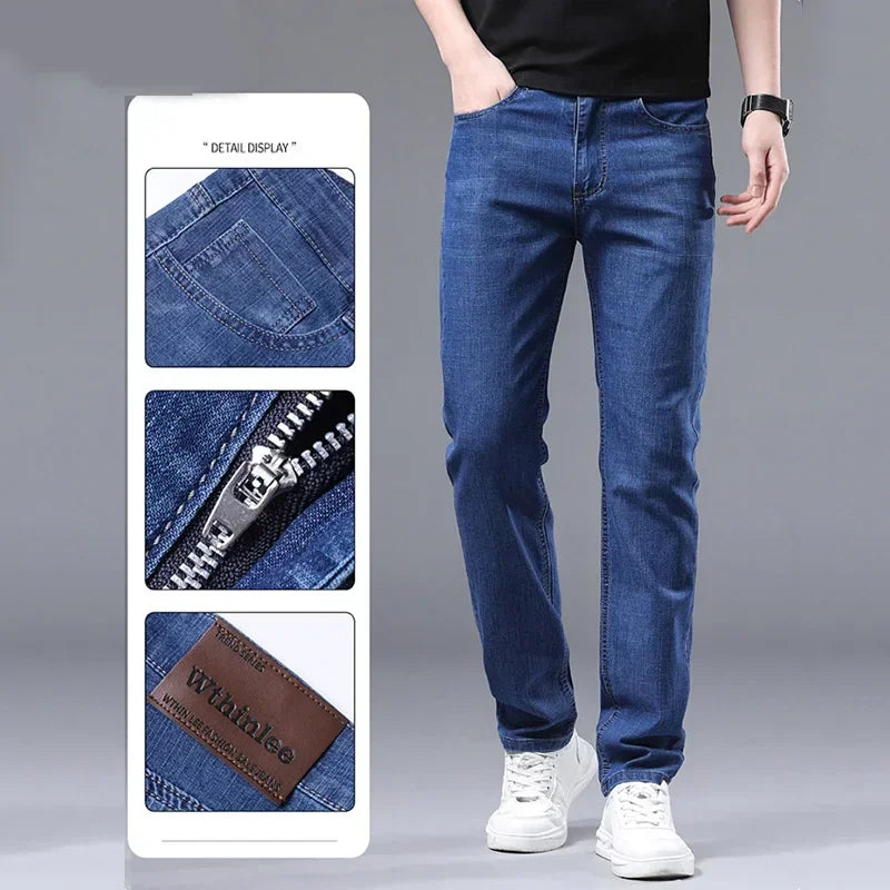 New Men Spring Autumn Straight Leg Business Jeans Trend Male Baggy Stretch Daily Casual Comfortable Black Gray Denim Trousers