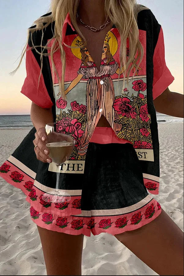 Fashion Print Beach Holiday 2-Piece Set Women Summer Short Sleeve Shirt Top + Wide Legs Short Women's Oversized Two-Piece Outfit