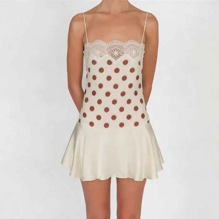Women Y2K Polka Dot Cami Dress Lace Trim Spaghetti Strap Satin Ruffle Hem Bodycon Mini Dress Summer Casual Streetwear