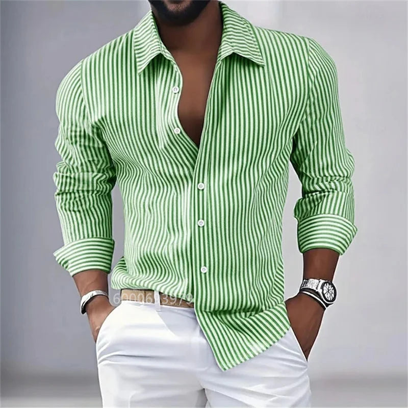 Men's striped button-down long-sleeved shirt, spring and autumn style, available in blue, pink, purple, brown, and green.