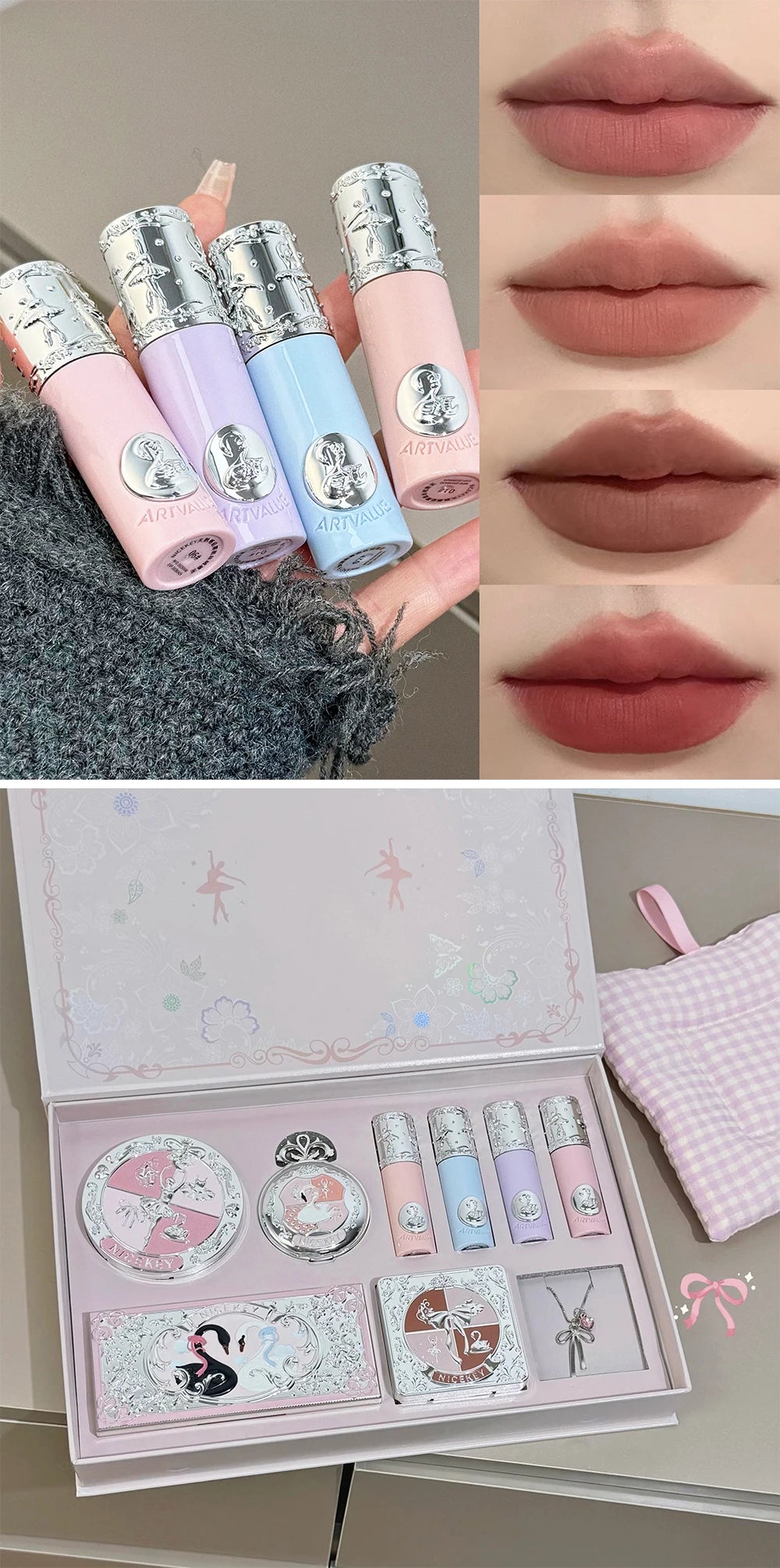 NICEKEY Face Makeup Sets Include 4 Lipgloss,1 Blush,1 Pressed Powder,1 Eyesshadow Palette,1 Contour Palette With Necklace Gift
