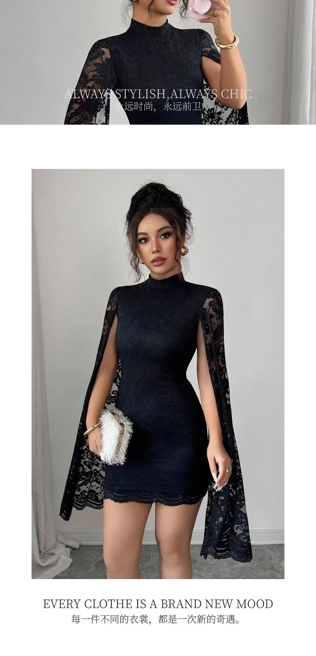 Women Sexy Long Sleeve Lace Dress 2026 Fall Winter, Mandarin Collar Side Slit Slim Midi Dress For Cocktail Dating Night Out