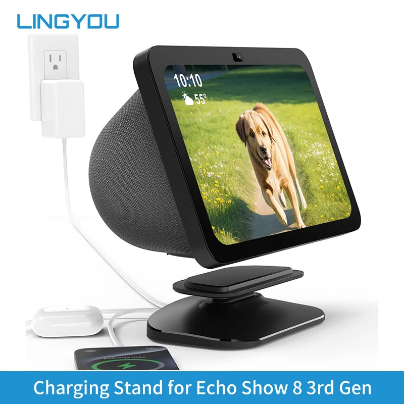 LINGYOU Charging Stand for Echo Show 8 3rd Gen - Adjustable Holder with Charging Ports (USB-C/A) for Charge Cellphones &  Earbud