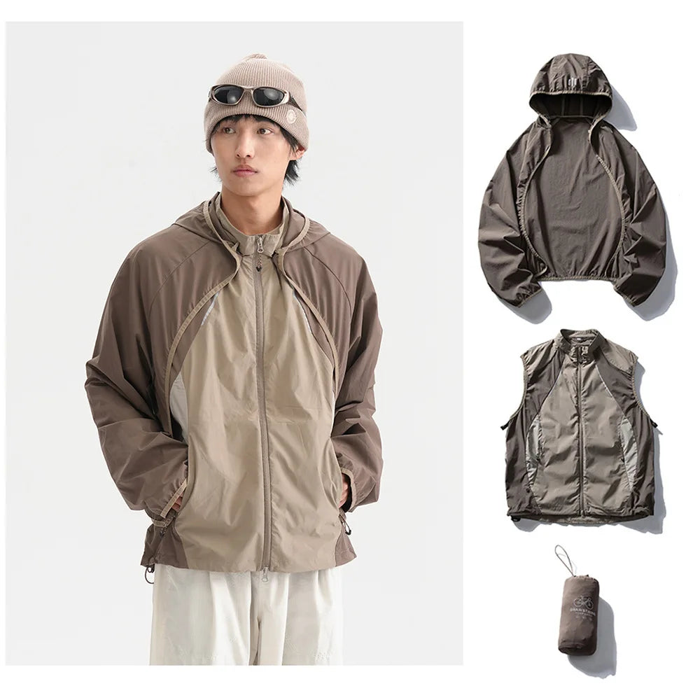 Coat + Vest Sets Varsity Jacket Men Outdoor Techwear Fashion Casual Track Hooded Sunscreen Cape Jacket Vest Women Cycling Coat