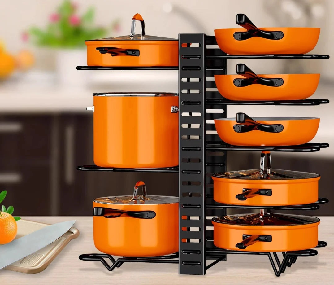 HTMCK Space-Saving 8-Tier Pot Rack Organizer - Durable Metal Holder for Pans, Pots, and Lids to Keep Your Kitchen Neat and Tidy