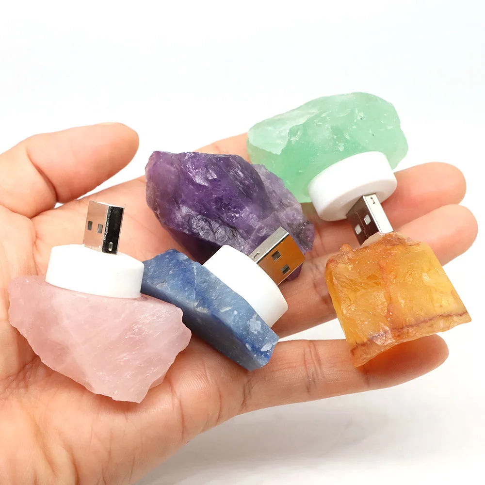 Natural Irregular Crystals Stone USB Light Rose Quartz Amethyst Raw Minerals Small Night Lamp Reiki Healing Bedroom Home Decor