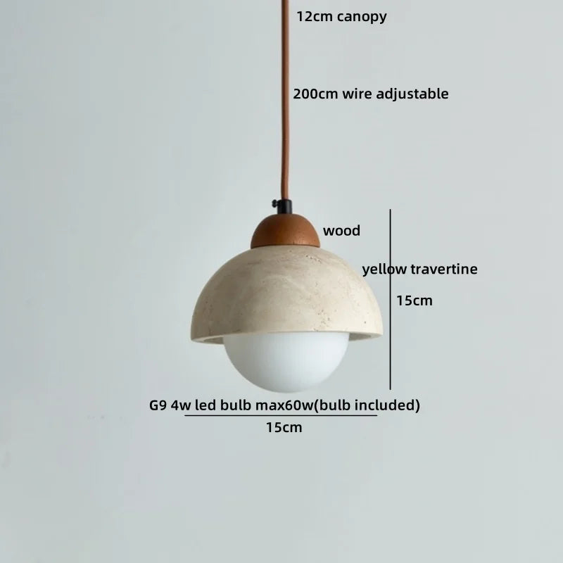 IWHD Yellow Travertine Stone LED Pendant Lamp Living Dining Room Table Inside Retro Wood Hanging Lights Fixture Lampara Colgante