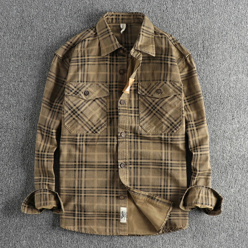 Trendy men's new fashion versatile plaid long sleeve shirt casual cotton washed thin coat