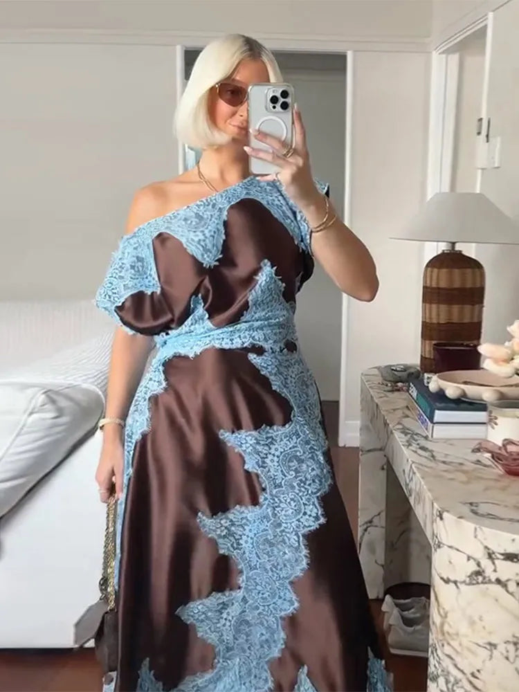 Elegant Lace Patchwork Long Women's Dress Urban Skew-collar Short Sleeve Empire Female Dresses 2026 Summer Vacation Lady Robe