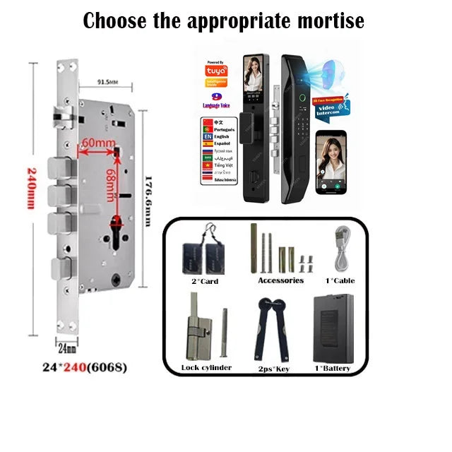 Tuya Wifi App Face Polyglot Electronic Door Lock Fingerprint Recognition Password Smart Digital Lock Key Card 6068 Mortise Lock