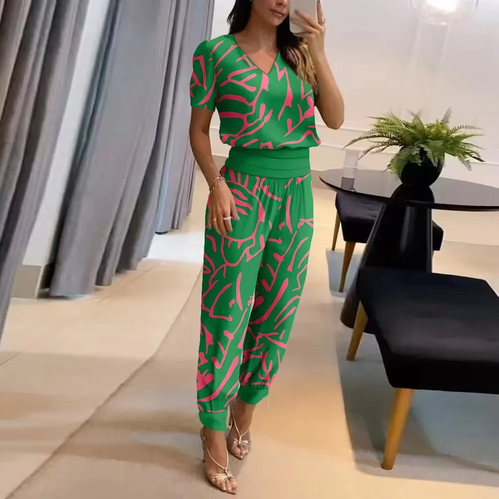2025 New Long Pant Sets Summer Fashion Casual V-neck Print Short Sleeve Trousers Suit Two-piece Set 2 Piece Sets Women Outfit
