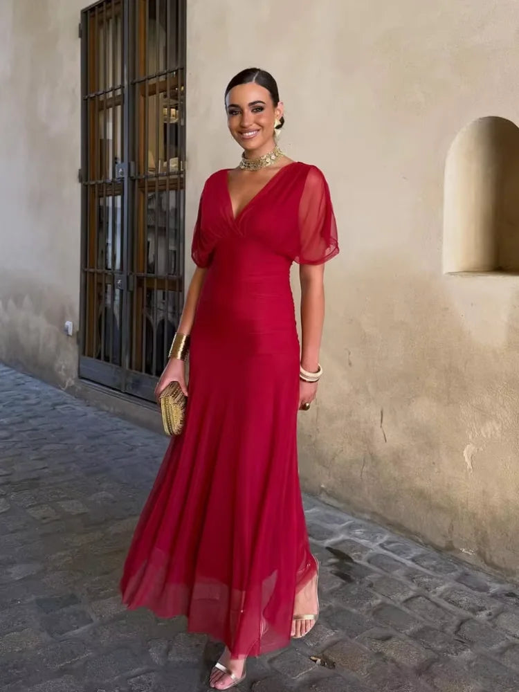 Women Solid Deep V-neck Mesh Long Dress Elegant Puff Short Sleeve Ruched Waist High Vestidos 2026 Summer Lady Casual Street Robe