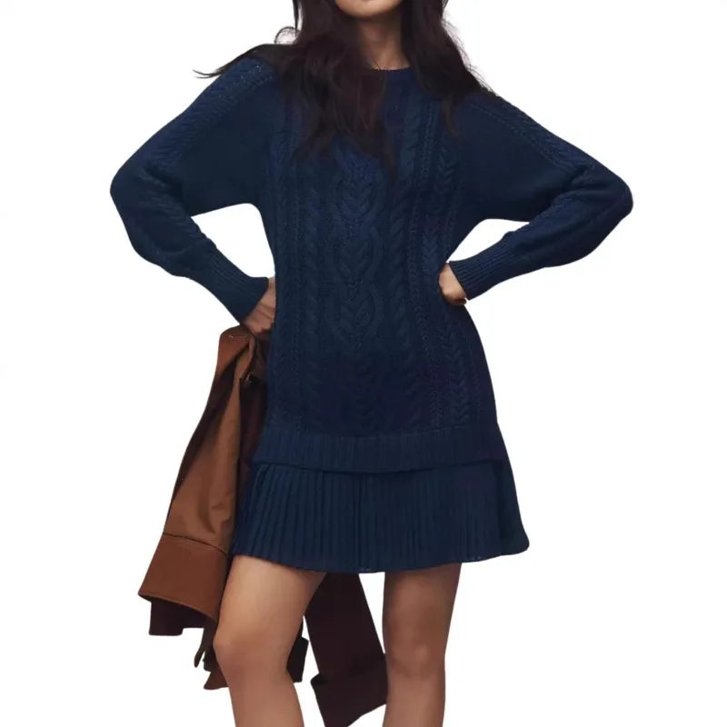 2025 Winter Long Sleeve Twist Knitted Sweater Dress Woman Ruffle Chiffon Pleated Dresses Fall Solid Warm A-Line Pullover Dress