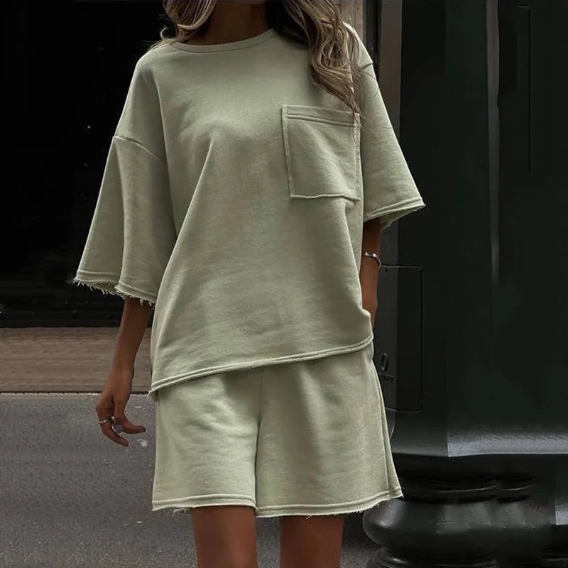 Women Two Piece Sets Short Sleeve Round Neck Loose T-shirts+Wide Leg Shorts Summer Female Sports Outfits Casual Loose Tracksuit