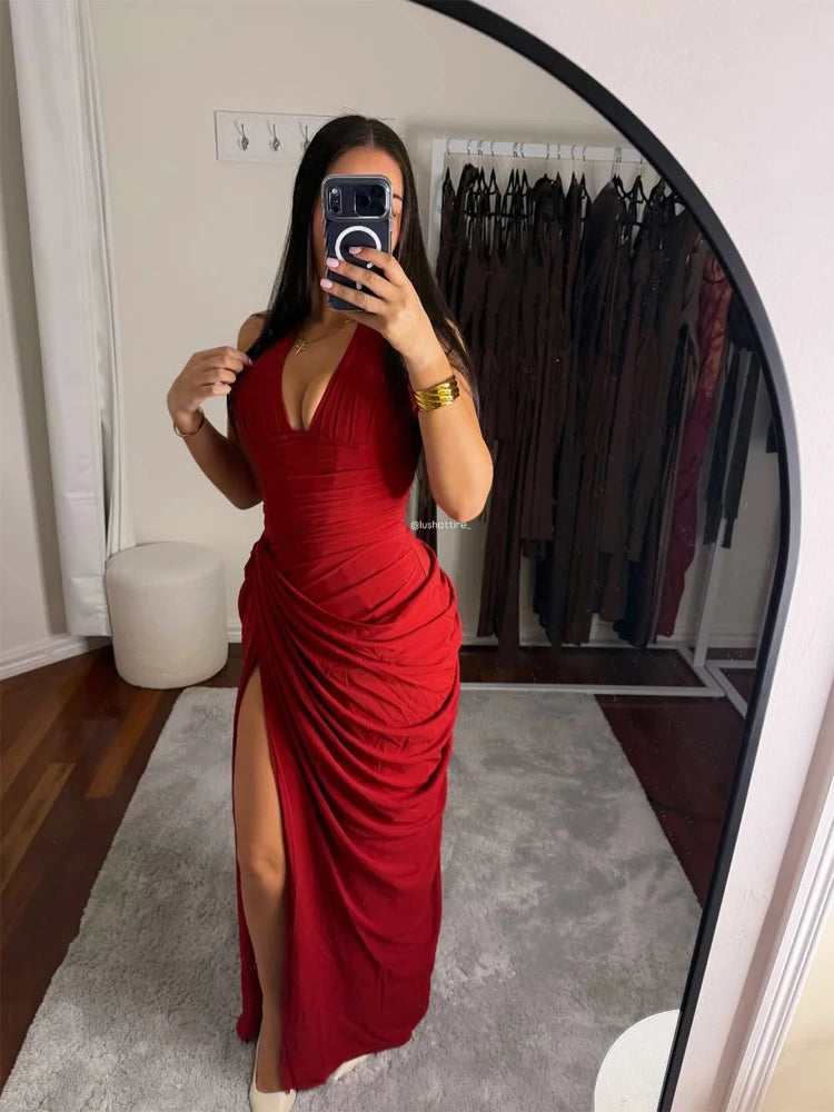 Women Sexy Solid Pleated Strapless Dress Lady Chic Off-shoulder Backless High Waist Split Dresses 2026 Summer Evening Party Gown