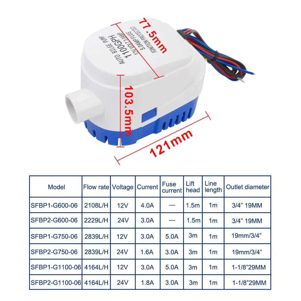 12V 24V DC Automatic Boat Submersible Bilge Pump Electric Marine Water Pump Small Auto 6500GPH 750GPH 1100GPH For Houseboat