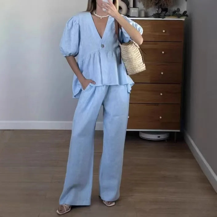 Elegant Solid 2 Piece Sets Women New Fashion Puff Short Sleeve V-Neck Button Top Wide Leg Pants Suit Casual Streetwear Outfit
