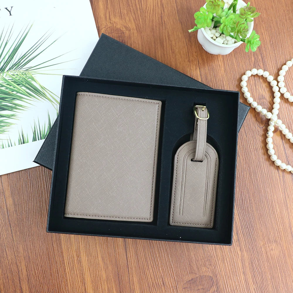 Customized Name Set, Unisex Safiano PU Leather Passport Holder and Luggage Tag Gift Box