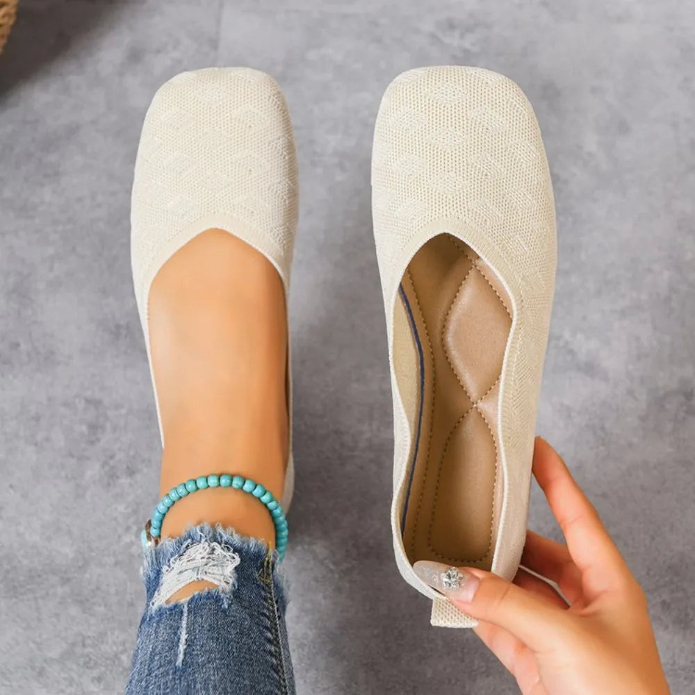 New 2026 Spring/autumn Square Toe Flat Office Boat Solid Color Knitted Slip on Shoes Casual Ballet Flats Shoes Women Loafers