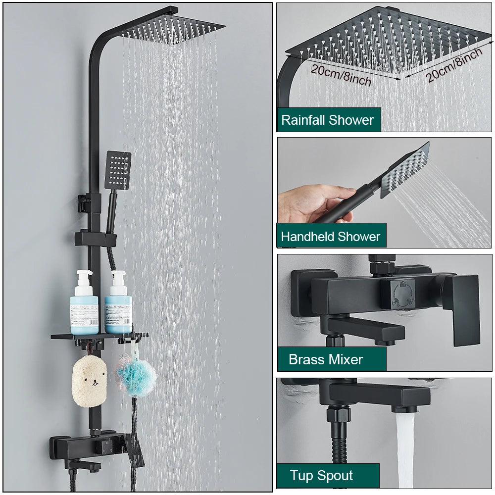 Shower Faucet Set Rainfall 3/4-ways Bathtub Tap With Bathroom Shelf Height Adjust Brass Mixer Crane Hot Cold Water Systems