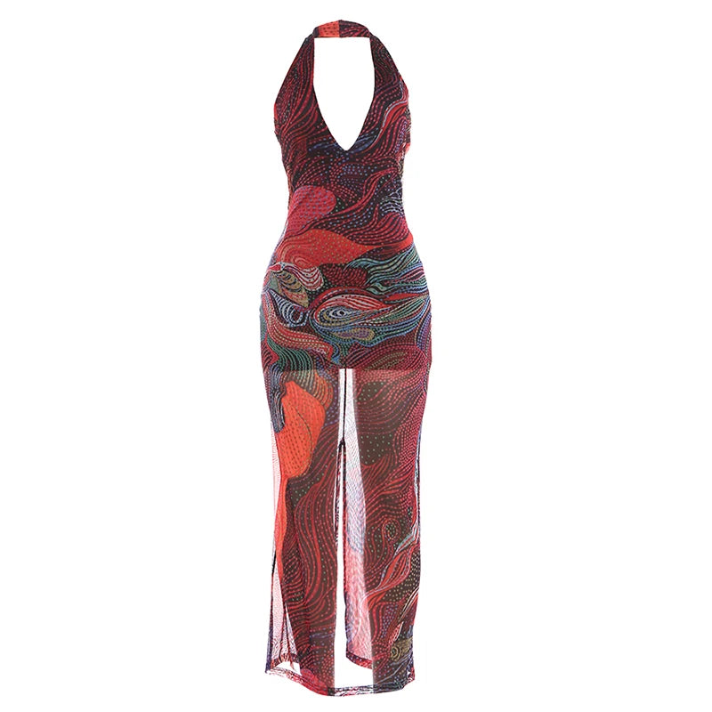Cutenw Backless Diamond Print Dress Women Trend Split Colorful Halter Sexy Deep V-Neck Elegant Birthday Party Stretch Vestidos