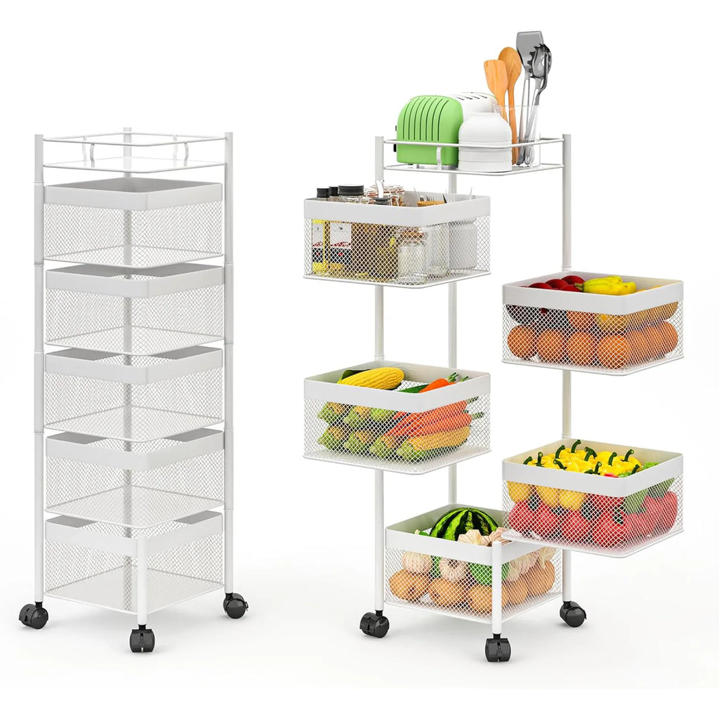 5-Tier Rolling Storage Cart with Rotating Baskets, Fruit & Vegetable Baskets Rotating Snack Rack for Kitchen Bathroom Craft Room