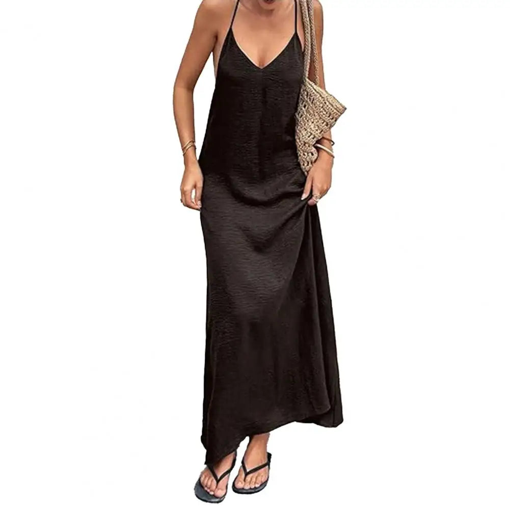 Women Summer Sexy Backless Dress Halter V Neck Sleeveless Loose Maxi Sundress Beach Vacation Long Dress