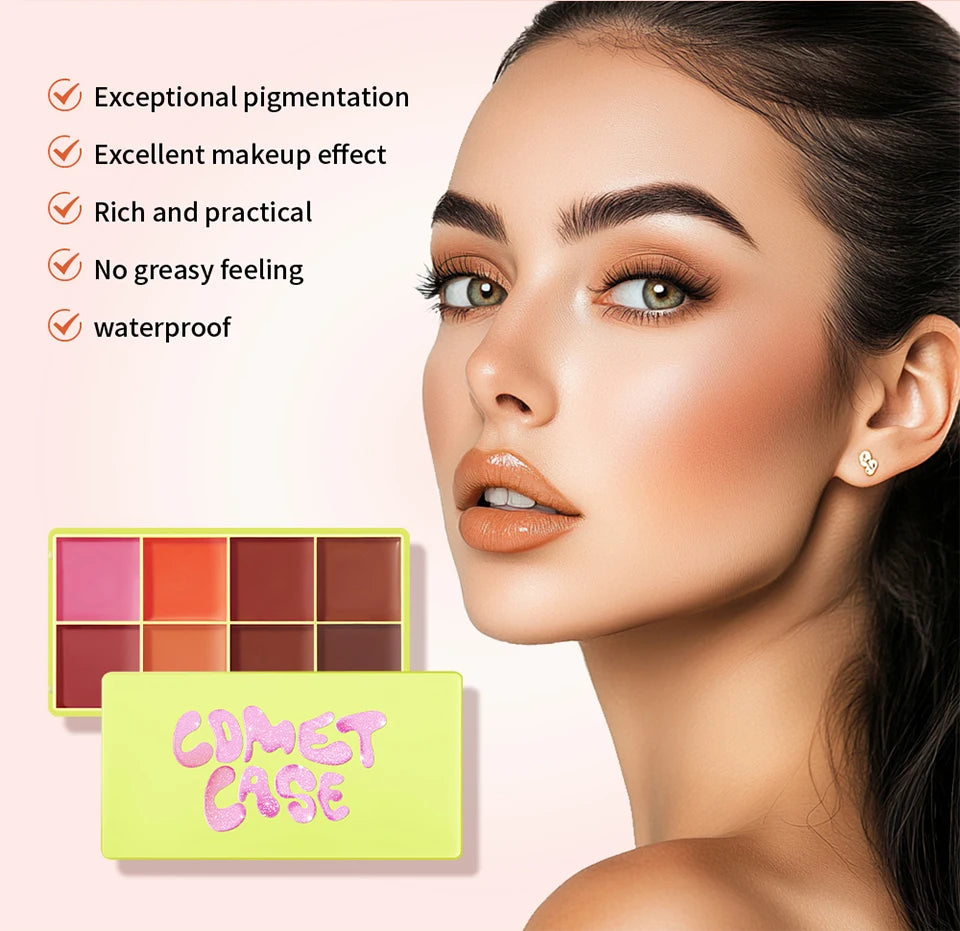 All-In-One 8 Color Cream Blush Countouring Face Palette Blendable Longwear Natural Glow Shades Long-Lasting Sweat-Resistant Woman Makeup