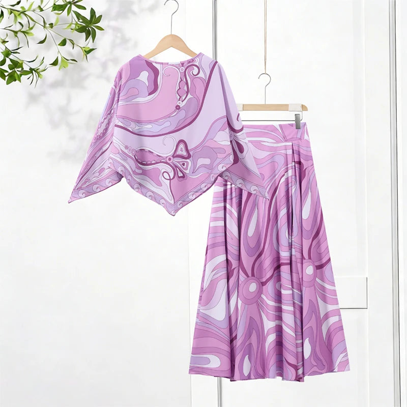 Bohemian Printed Shirt Skirt Suits Women Vintage Irregular Long Sleeve Top Female Sets High Waisted Long Skirt Ladies Outfits
