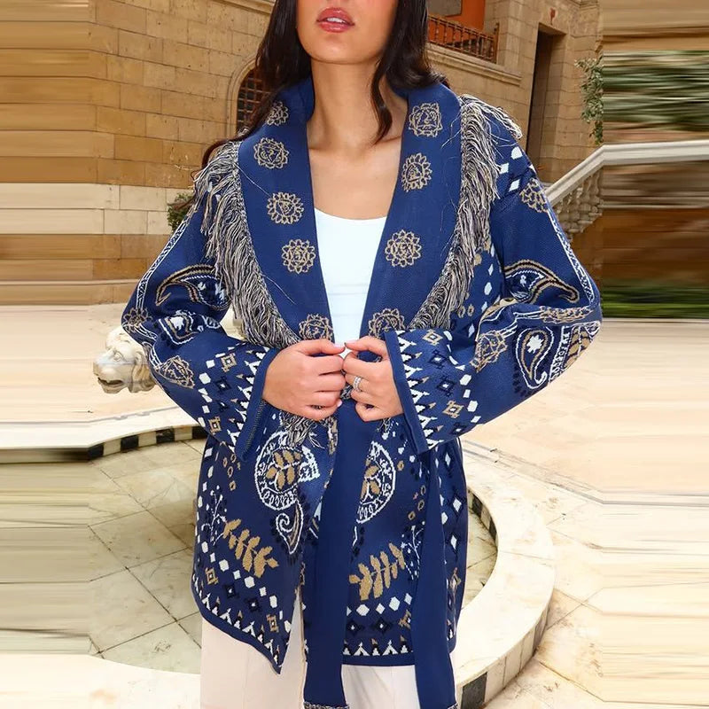 Casual Print Tassel Cardigan Women Elegant Belt V-neck Long Sleeve Knitted Sweaters Female 2026 Autumn Winter Knitwears Lady