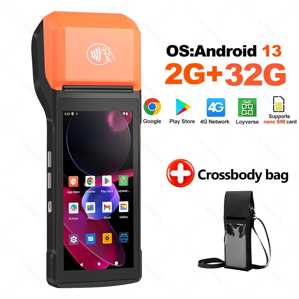 4G Android 13 Handheld Terminal POS Printer 58mm Thermal Printing, 1D/2D Barcode Scanner for Small Business & Protective Case