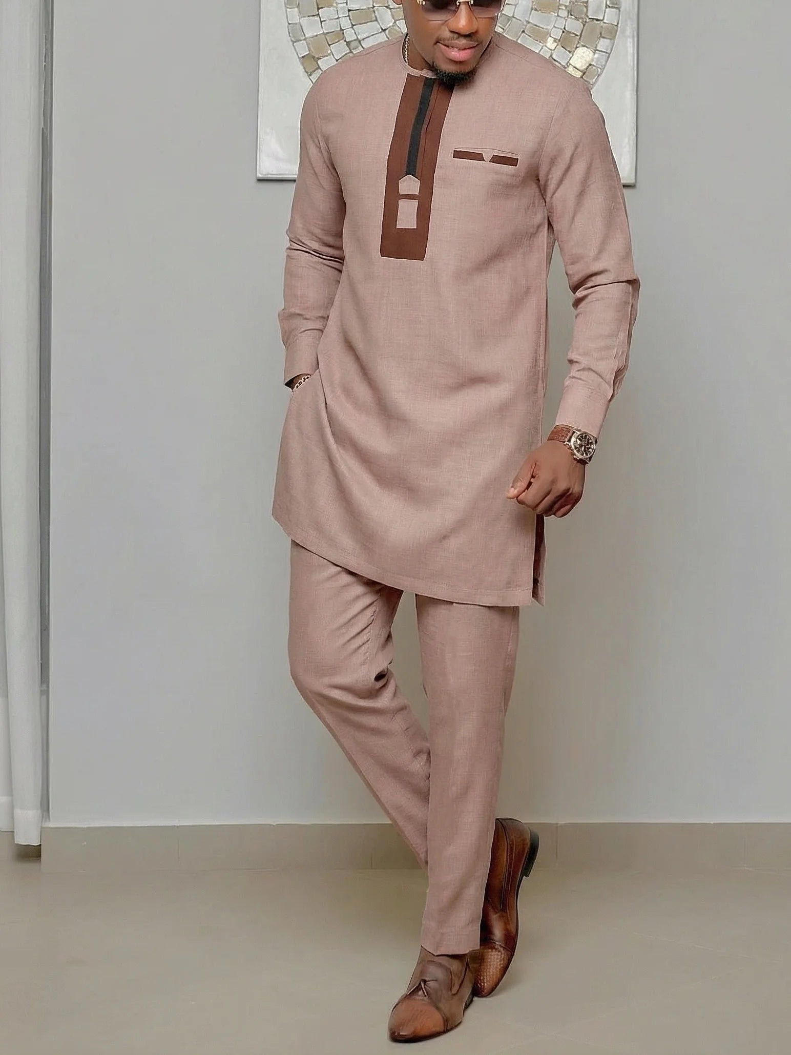 White Kaftan Men's Suit Embroidery Floral Top Pants Kaunda Suit African Casual Outfits Wear Traditional 2PCS Set Wedding Tuxedo