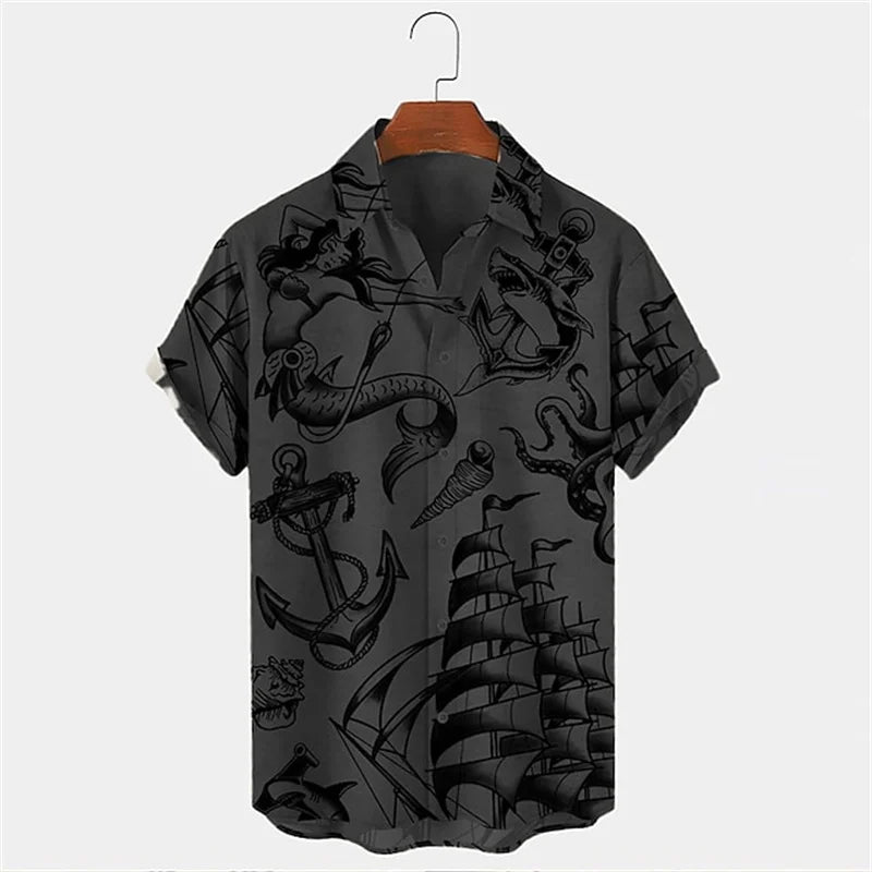 Men's Vintage Mermaid Print Shirts Boat Anchor Print Button Shirts Summer Ocean Element Shirts Men's Hawaiian Leisure Shirts